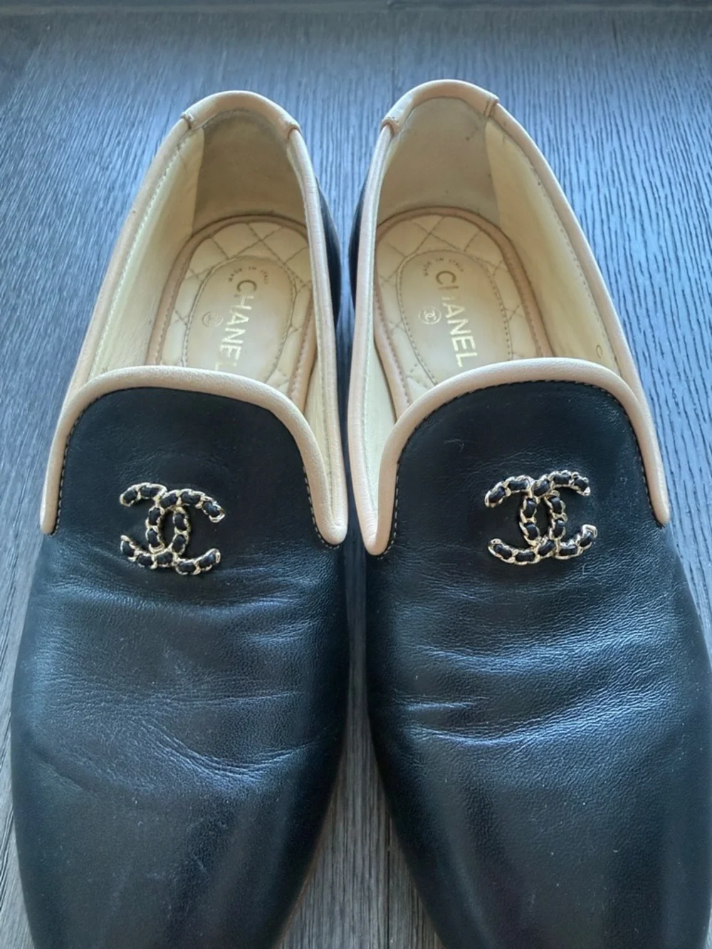 CHANEL Black Leather Slip-On Loafers with Cream Trim and Gold CC - Picture 2 of 9